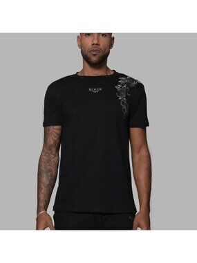 New BLVCK Paris Black Gray Embroidered Floral Rose Romance Tee T-Shirt Top S